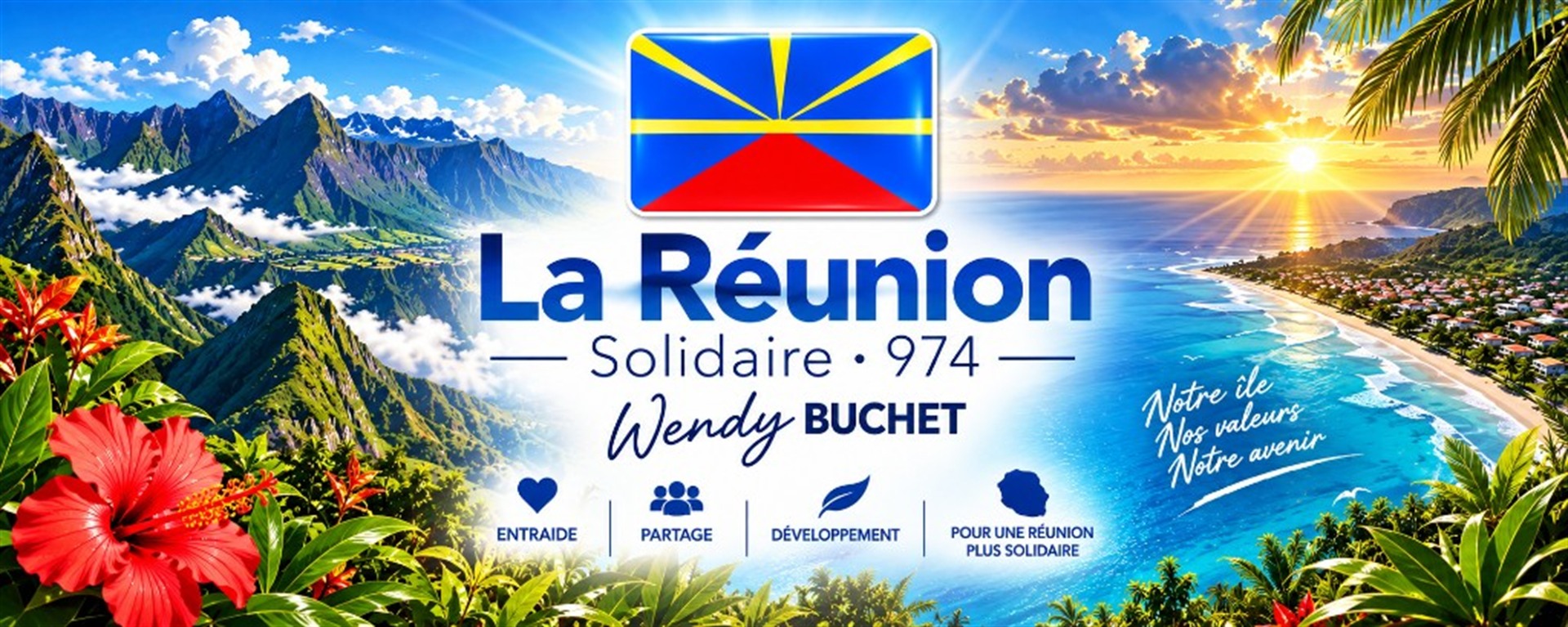 La Réunion Solidaire · 974 — Wendy Buchet. Notre île, nos valeurs, notre avenir. Entraide, partage, développement.